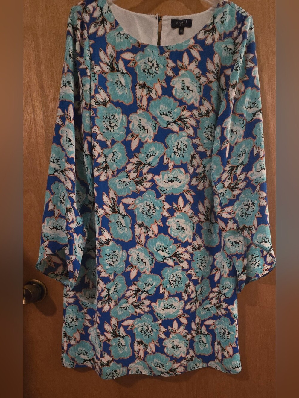 Kaari Blue Turquoise Floral Long-Sleeve Dress With Flowing Sleeves
